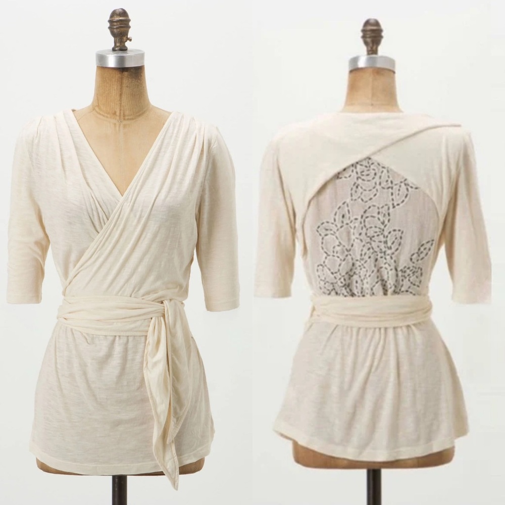 Anthropologie Vanessa Virginia Ivory Eliora Embroidered Wrap Cotton Top Size XS